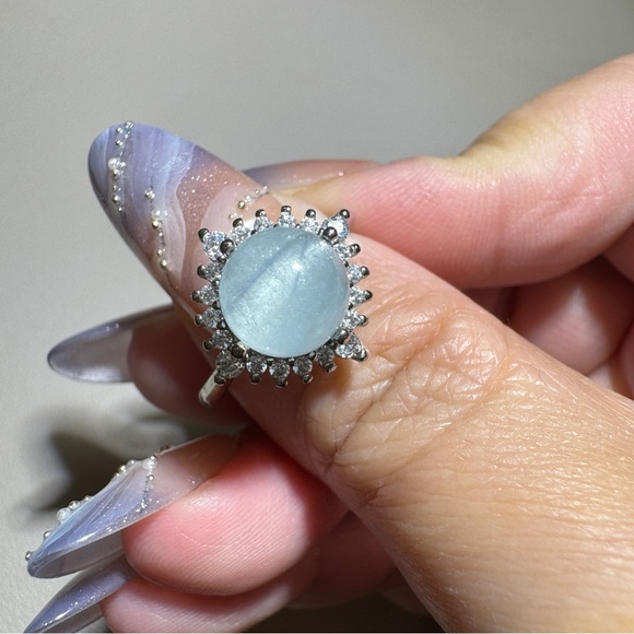 💧 Star Aquamarine Ring 💙 Gentle Blue Shine with Halo Crystal Band - Picture 9 of 12